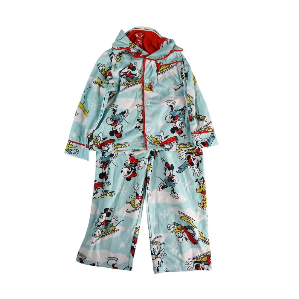Disney Mickey Pajamas Set Toddler 2T Blue Christmas Print Button Flannel NWT